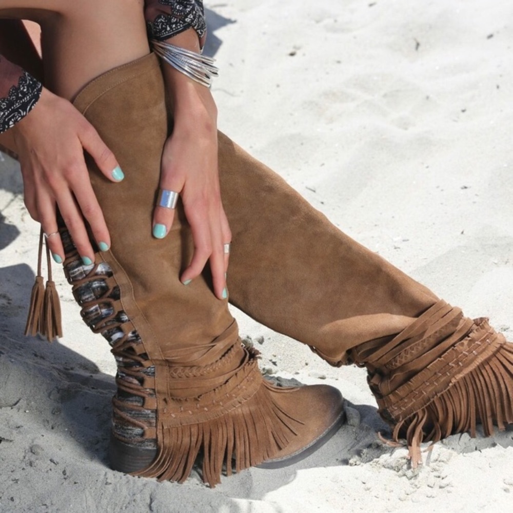Boho Chíc Fringe Tan Leather Tan Boots